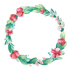 Watercolor spring frame for decoration and design. Wreath with pink and blue flowers, apple tree branches and delicate green and turquoise
leaves. Hand drawn illustration on white background