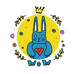 A greeting card. Cute character blue hare with heart in hand and handmade crown. Fantasy animal. Illustration doodle. Unusual declaration of love