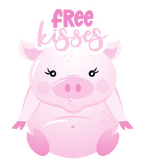 Free kisses - Cute rose pink pig. Funny doodle piglet. Hand drawn lettering for Valentine's Day greetings cards, invitations. Love adnimal. Xoxo, do not go bacon my heart.
