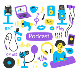 A set of elements and labels on the topic of recording podcasts, various microphones, a laptop, sound images. Bright vector illustration in a flat style, for banners, websites, packaging.