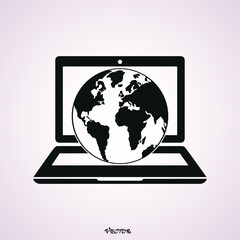 Globe on screen of laptop icon isolated. Notebook computer with globe sign. Flat design. Vector Illustration 