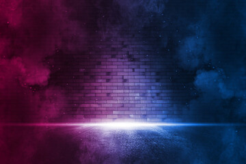 Rays neon light on neon brick wall. Empty scene. Neon reflections on wet asphalt. Cyberpunk...