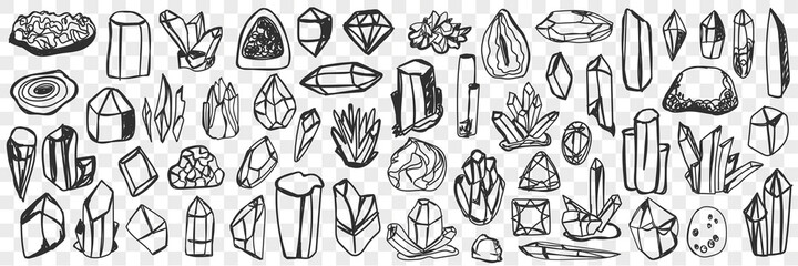 Various natural crystals doodle set. Collection of hand drawn crystals with natural shine of different shapes and textures isolated on transparent background. Illustration of decorative stones 