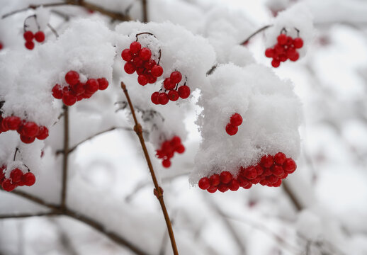 Red rowan berries sprinkled with white fluffy snow after a heavy snowfall. Close-up. Bright photo, natural forest backgrounds
