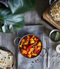 Indian dinner with aloo gobi, brown rice, dahi and chapati