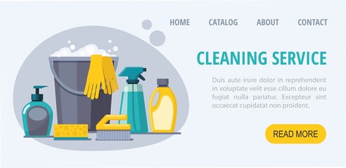 Cleaning service web banner. Spray, spong, brush, bucket.