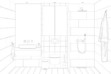 Sketch of the bathroom with a large rectangular mirror over a washbasin, a storage cabinet over a built-in toilet, a shower with a partition, a bathrobe. Front view. 3d render
