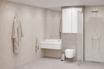 Light beige bathroom with a bathrobe and a towel near the washbasin, a large rectangular mirror, a storage cabinet above the built-in toilet, a shower with a glass partition. 3d render