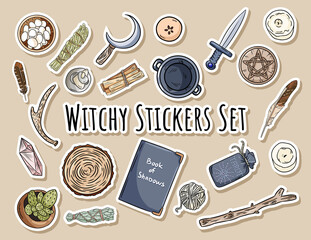 Witchy stickers set. Collection of wiccan witchcraft magical items for occult rituals. Hand drawn pagan doodles elements. Druid altar objects, cauldron, pentacle, athame, boline, candles