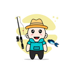 Cute kids character holding a fishing rod.