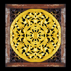 Pattern of wood carve gold paint for decoration on black background