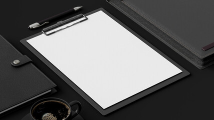 Clipboard on black office desk with notebook and cup coffee. 3D Render
