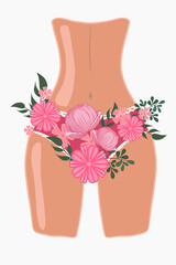 Part of a female body in panties made of flowers. The concept of women's health, beauty, femininity. vector illustration