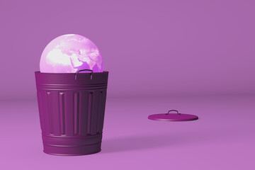 3D rendering of the Planet Earth inside a garbage can in a pink scenario - climate change concept