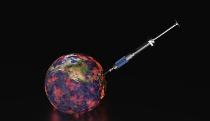 3D rendering of a syringe injecting the planet earth as a vaccine for climate change, viruses