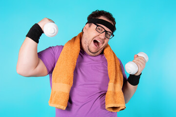 Retro style and fitness club. A funny fat man from the 80s goes in for sports.