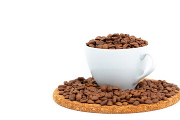 A cup of coffee beans isolated on a white background.