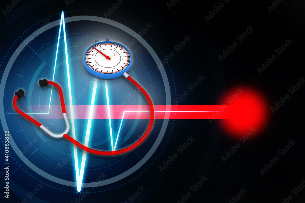 Poster 3d rendering stethoscope with stopwatch
