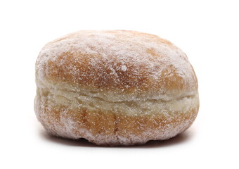 Doughnut with peach jam filling, fruit marmalade and vanilla powder donut isolated on white background