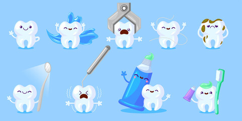 Obraz premium Cartoon tooth care set. Happy funny tooth with toothbrush, paste, floss, sad molar with cavity or dental tool. Vector illustration for dental care, dentist visiting, hygiene concept