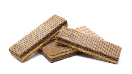 Wafer bars filled with cocoa and orange cream isolated on white background