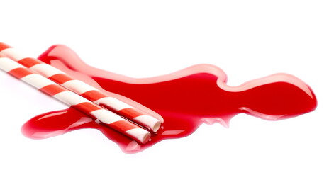 Blackcurrant fruit nectar, juice puddle with paper drinking straw isolated on white background