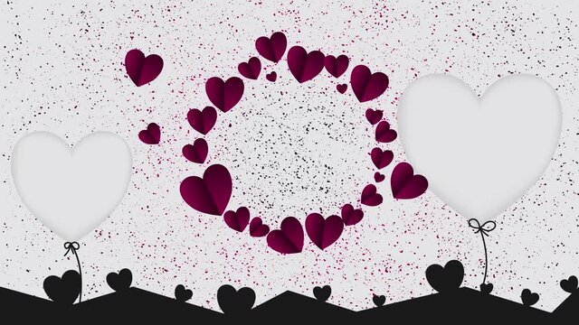 Red Paint Background With Animated Hearts in Circle and Two Heart Balloon on Sides 