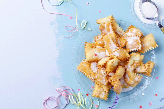 Italian carnival fritters dusted with powdered sugar. With free text space.