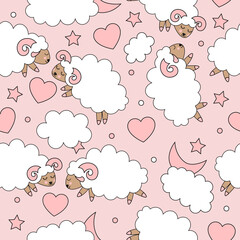 Seamless pattern with cute pink sheeps and rams
