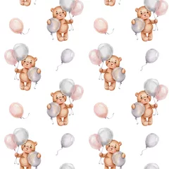 Fotobehang Seamless pattern with teddy bear and balloons  watercolor hand drawn illustration  can be used for baby shower or cards  with white isolated background © Нина Новикова