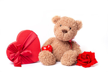 teddy bear with heart shaped box valentine's day isolated on white background
