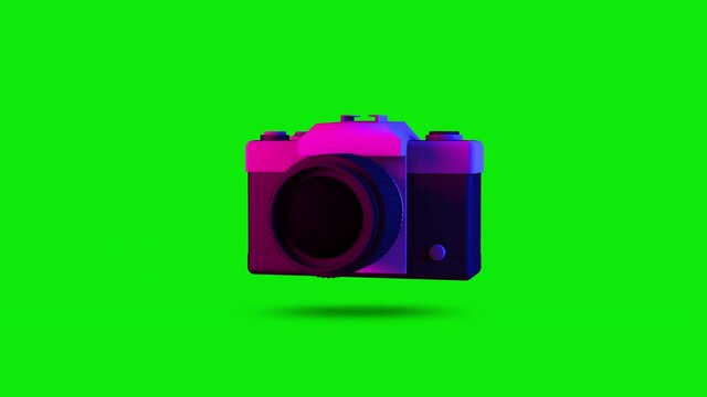 Close up 3d vintage camera mock up turning between right and left side animation, neon blue and purple light, seamless looping, green screen background.