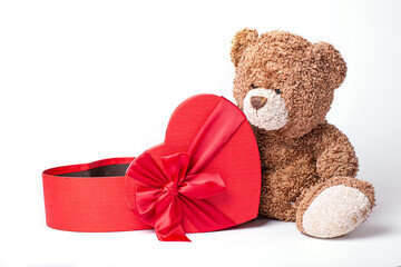 teddy bear with heart shaped box valentine's day isolated on white background