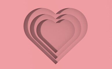 3D image. pink hearts with shadows. heart shaped grooves with shadows. Valentine's Day