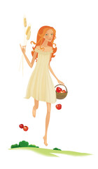 Blonde villager with a basket of apples and ears of wheat in her hands. Harvesting. Illustration isolated on white background