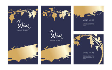 Collection labels for wine. Vector illustration, set of navy blue backgrounds with grapes and gold strokes.