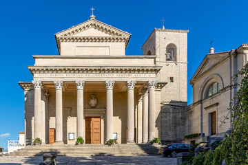 Fototapeta na wymiar The facade of the basilica of San Marino, the main church of the Republic of San Marino, on a sunny day