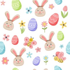 Easter spring pattern with cute bunny and decorated eggs. Hand drawn flat cartoon elements. Vector illustration