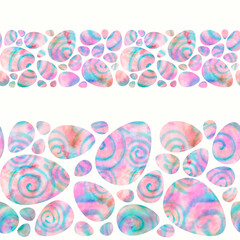 Watercolor pink-blue eggs on white background. Bright Easter seamless border. Isolated on white background. Hand-painted texture with spiral, splashes, drops, gradients. Watercolor stock illustration