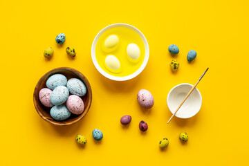 Coloring Easter eggs at home, top view