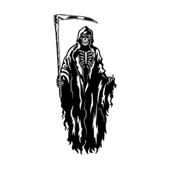 Death and scythe emblem design. Monochrome element with skeleton wearing black hooded gown vector illustration. Horror and myth concept for symbols and labels templates