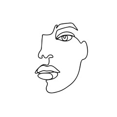 Continuous line drawing. Abstract woman portrait. One line face art vector illustration. Female linear contour isolated on white.