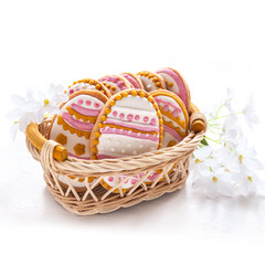 Colorful Easter cookies in the shape of egg on the white background
