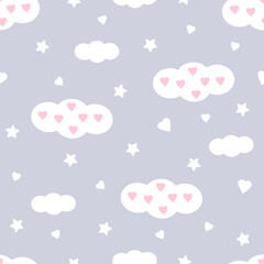 Clouds seamless pattern. Hearts and stars. Cute kids design.