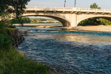 Fototapeta premium view of Bow river floing inside Calgary, Alberta, Canada