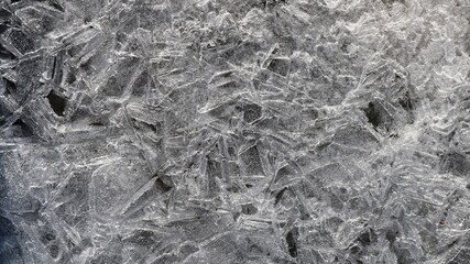 monochrome abstract illustration of frozen water crystals in gray and white tones, natural pattern of ice structure close up full frame