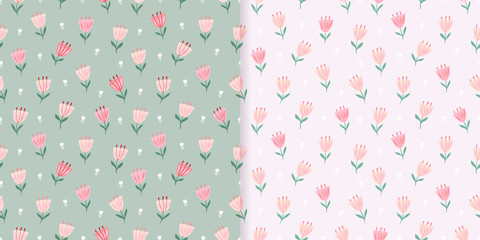 Floral seamless patterns set with small tulips on different backgrounds