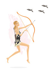 Blond primitive hunter in the savannah. A girl in fur clothes with a bow in her hands hunts birds. Illustration isolated on white background