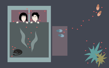 Abstract cartoon characters of lady and gentlemen 
lying in bed in cozy bedroom. They are smiling 
shyly and happy together. Cat is nearby in legs. Hearts and love fill the room. Cozy illustration.
