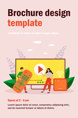 Obraz premium Happy people using remote control and smart tv box for watching video. Media player interface on huge monitor. Vector illustration for internet, entertainment, watching movie concept